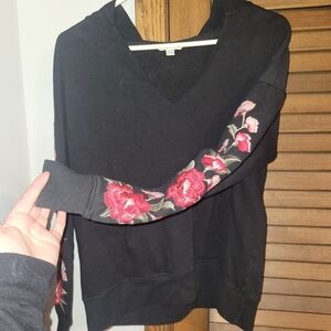 American Eagle Outfitters Black Hoodie with Pink Floral Embroidery